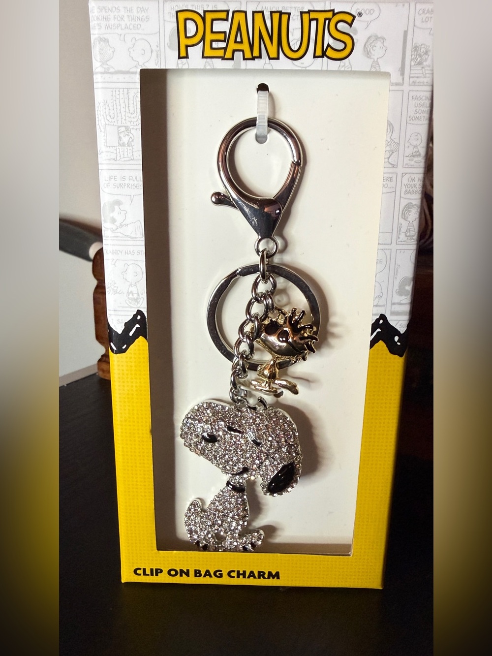 Peanuts Silver and Gold Crystal Snoopy Clip-On Bag Charm